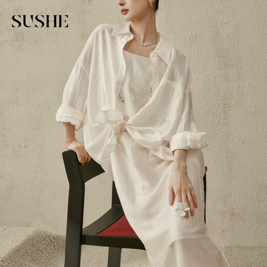 SUSHE soft layered French resort style glossy acetate micro-transparent shirt/slip dress set Moonlight Sands-Shirt L