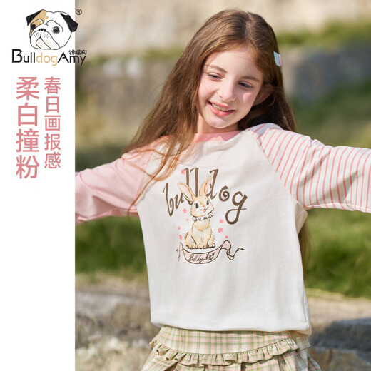 CHANZUIGOU children's clothing girls' gentle bunny print long-sleeved T-shirt 2026 spring new style round neck top for women white 140 cm