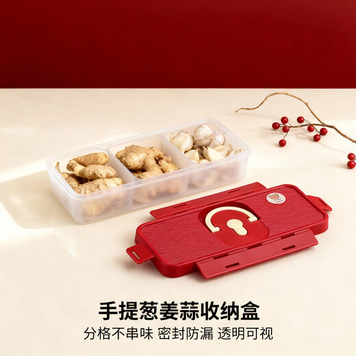 WORTHBUY special compartment sealed crisper for onion, ginger and garlic, transparent portable refrigerator, kitchen storage large capacity storage box, cherry red-5500ml, six inner compartments