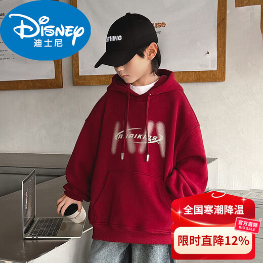 Disney Boys Red Sweatshirt Autumn and Winter New Zodiac New Year Children's Thickened Winter Year of the Horse Plus Velvet New Year's Clothes New Year Cotton Clothes Style Red Plus Velvet Thickened 170 cm