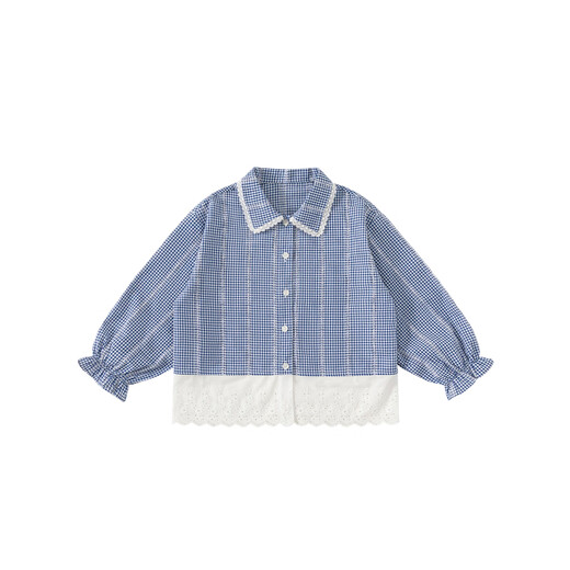 INSBOBO children's clothing girls jacket 2026 spring children's shirt girls sweet plaid shirt lace top blue and white plaid 110
