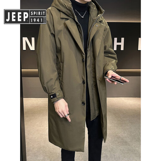 JEEP SPIRIT吉普假两件中长款羽绒服男冬季2025新款高端潮牌时尚个性加厚风衣 军绿色 M 100-130斤