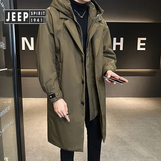 JEEP SPIRIT吉普假两件中长款羽绒服男冬季2025新款高端潮牌时尚个性加厚风衣 军绿色 M 100-130斤