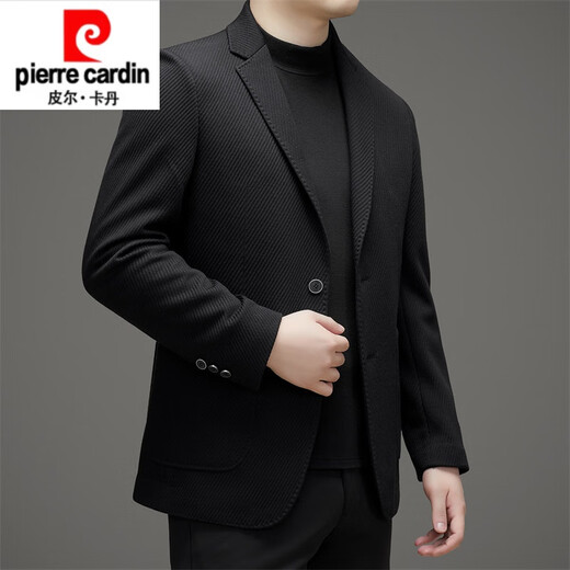 皮尔卡丹高档羊毛西服外套男士秋季新款毛呢西装男商务丝绒休闲修身单西男 墨绿色 170/M
