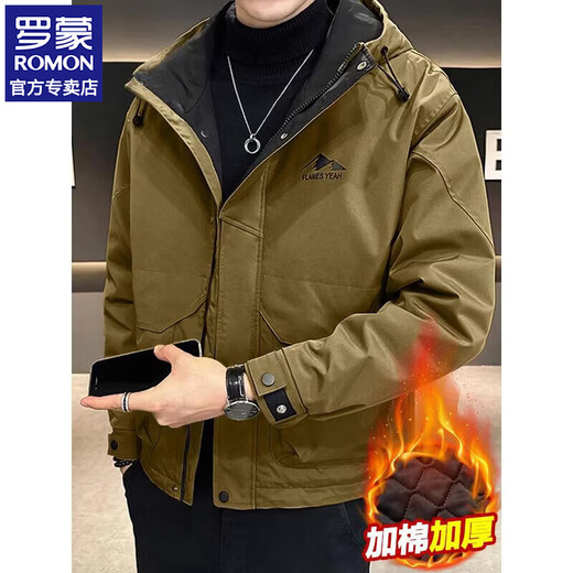 ROMON autumn and winter cotton thickened cotton clothes men's youth casual hooded jacket workwear style windproof jacket men's M1120 cotton khaki L (approximately 110-140Jin Jin equals 0.5 kg)