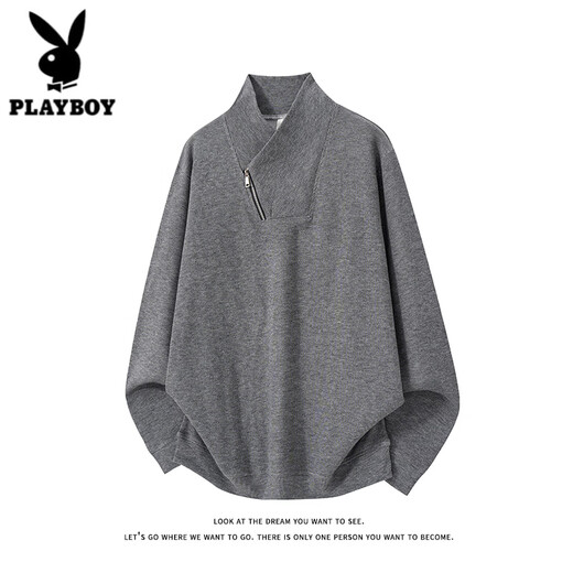 Playboy (PLAYBOY) American diagonal zipper sweatshirt men's spring and autumn velvet design long-sleeved T-shirt heavyweight thickened warm inner top dark gray M