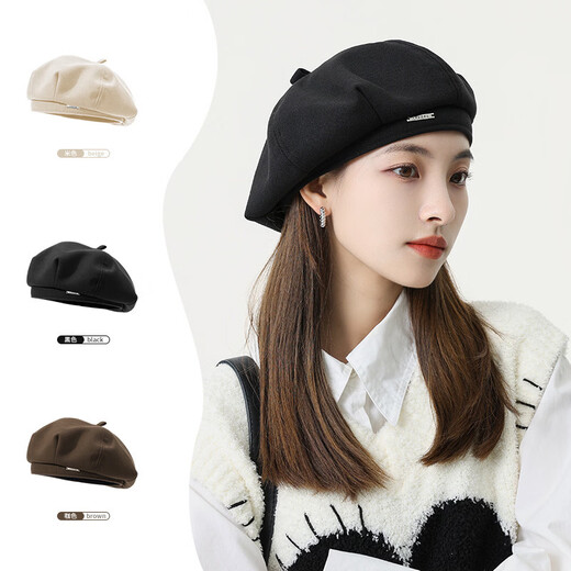 Autumn and winter woolen metal beret hat for women, octagonal hat, large head circumference, small face, fashionable literary painter hat, flat top, black, original high quality, one size fits all