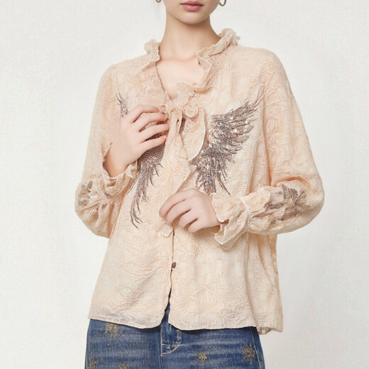 TCH fungus shirt for women 26 years early spring fashion angel wings hot diamond versatile temperament rich style top beige S 95-110Jin Jin is equal to 0.5 kg