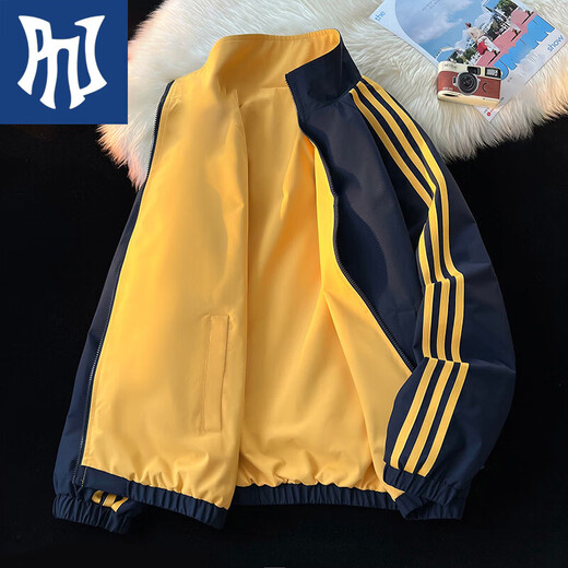 PNJ Jacket Men's Spring and Autumn Thin Youth Reversible Stand Collar Outdoor Sports Versatile Jacket Khaki L