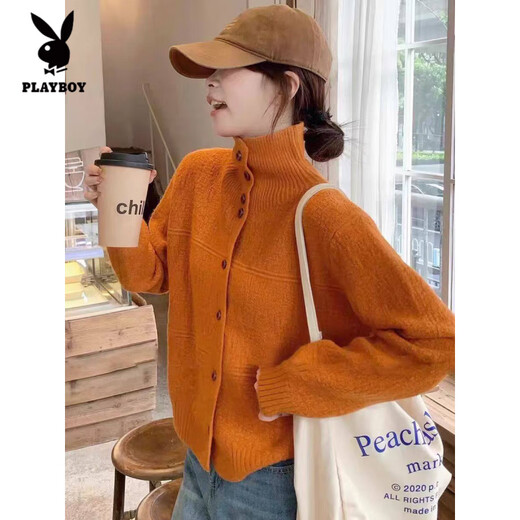 Playboy (PLAYBOY) button turtleneck sweater for women in spring, autumn and winter, new style, can be worn outside and inside, unique and super good-looking, thick knitted cardigan for women, orange S, recommended 70--95Jin Jin is equal to 0.5 kg