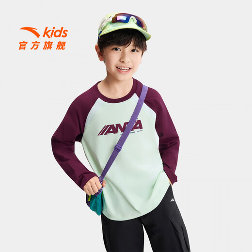 ANTA Children's T-shirt Universal children's clothing 2026 new spring comfortable pure cotton long-sleeved round neck simple versatile pullover spring and autumn long T-shirt sketch green 5401-1 store manager recommended 100 cm children
