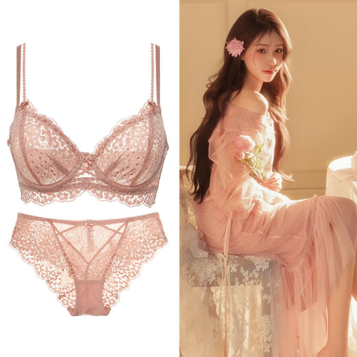Victoria Palace Sexy Underwear Floral Lace Ultra-Thin Sponge-free Gathering Breasts Women's New Year Red Bra Cover Black Set Bra + Underwear 70C/32C with S Size Underwear
