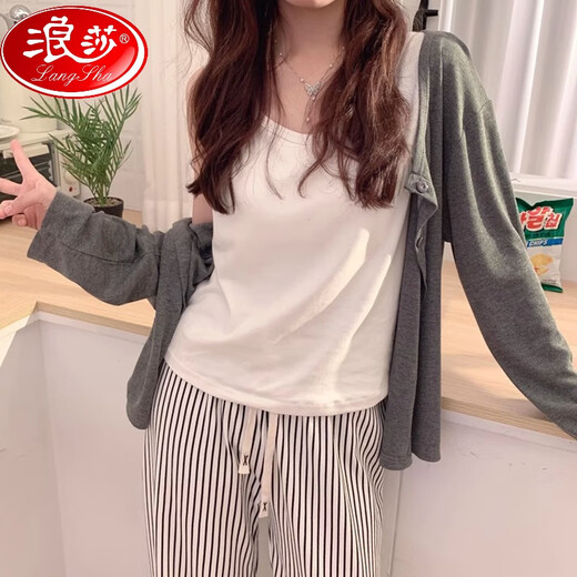浪莎（LangSha）带胸垫睡衣女春秋款冬季长袖条纹2024新款慵懒风背心纯棉三件套装 728三件套带胸垫不可拆卸】 L 建议体重100-120斤】