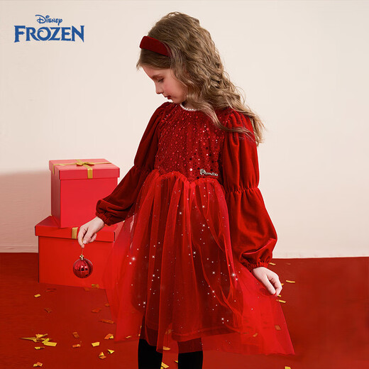 Disney (Disney) Girls Red Dress Winter New Children's Christmas Dress New Year Dress Girls Winter Dress Mesh Skirt Red 120