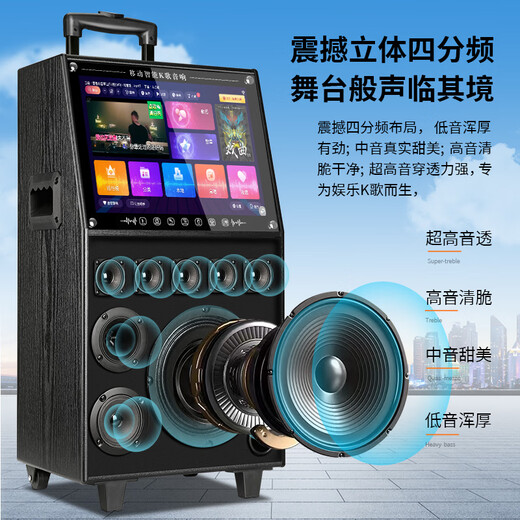 Xianfei square dance audio with display screen outdoor audio karaoke all-in-one machine trolley speaker mobile bluetooth home ktv audio set karaoke machine mobile phone same screen version + dual wireless microphones