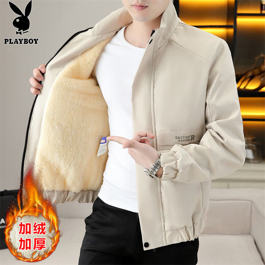 Playboy (PLAYBOY) Jacket Men's Velvet Thickened Jacket Men's Autumn and Winter Workwear Casual High-End Warm Cotton Clothes Beige Velvet XL Recommended 120-135Jin Jin equals 0.5 kg