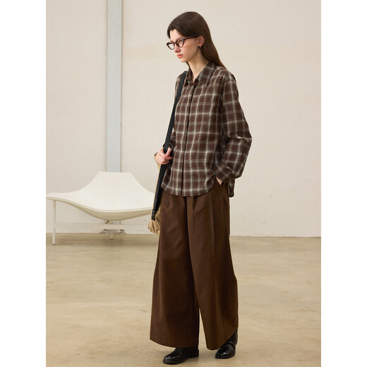 CHALAMON red coffee plaid high-end long-sleeved shirt for women in spring and autumn versatile loose plaid shirt red coffee plaid S