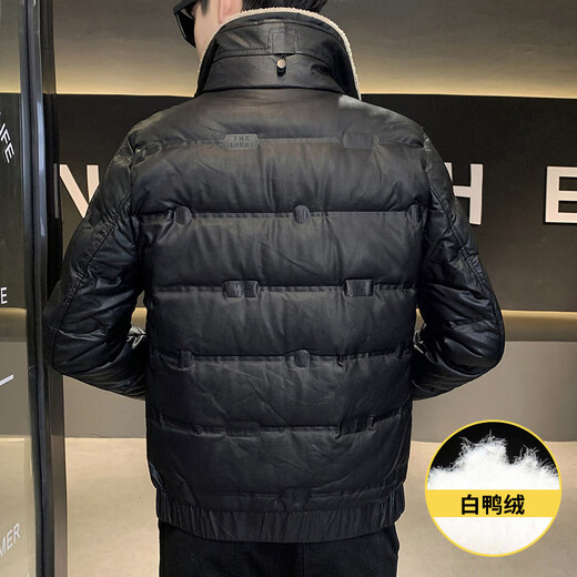KBXNG劲霸冬季新款皮衣羽绒服男短款修身羊羔毛领夹克加厚保暖外套潮流 黑色(可拆卸毛领) L 90到105斤