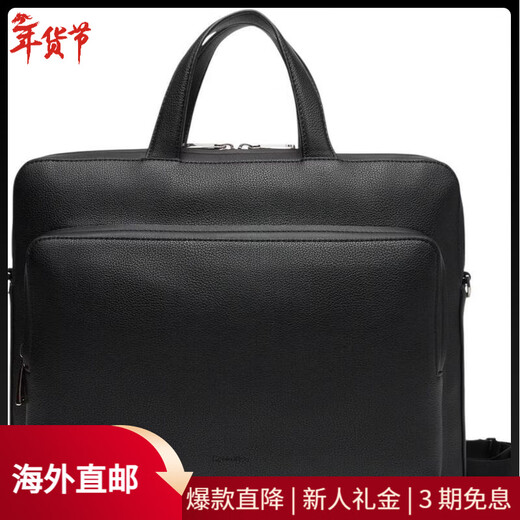 Calvin Klein Jeans men's briefcase large capacity multi-compartment removable shoulder strap front zipper bag black micrograin PU material Black SIZE 1