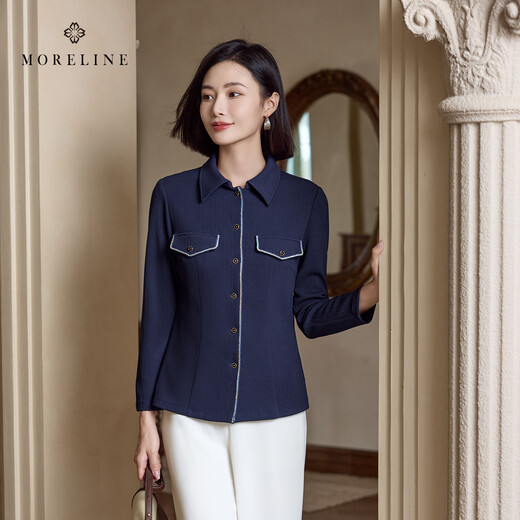 MORELINE Mulan French Elegant Textured Shirt Women's 2026 Spring New Retro Small Lapel Age-Reducing Whitening Shirt Navy M