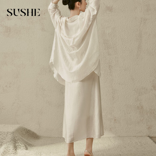 SUSHE soft layered French resort style glossy acetate micro-transparent shirt/slip dress set Moonlight Sands-Shirt L