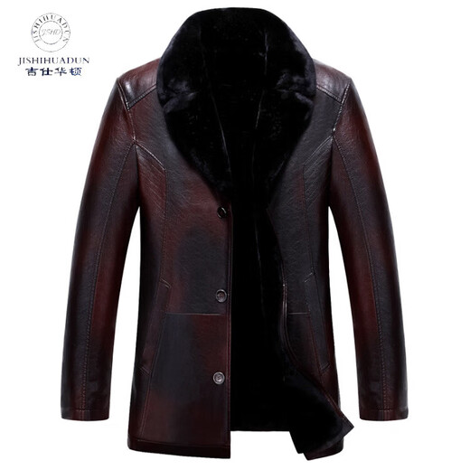 YISHion new winter wear PU fur one-piece men's jacket winter lapel plus velvet thickened coat men's business leather jacket brown M (170)