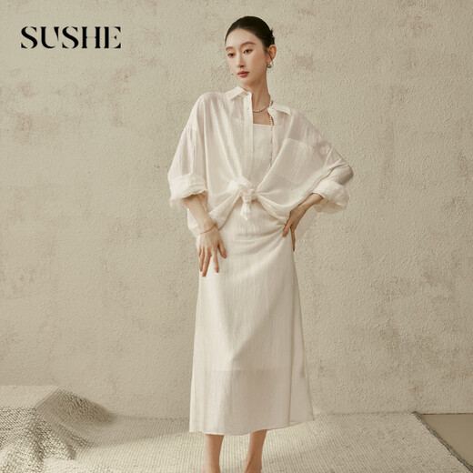 SUSHE soft layered French resort style glossy acetate micro-transparent shirt/slip dress set Moonlight Sands-Shirt L