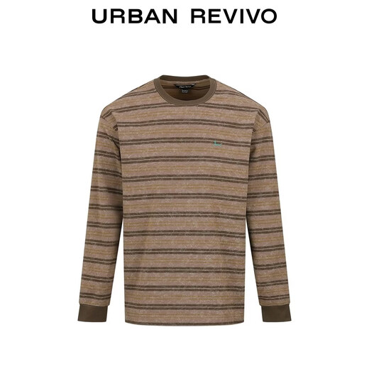 UR2026 Spring New Men's Casual Retro Contrast Color Striped Round Neck Long Sleeve T-Shirt UML460016 Light Red Brown Stripe S