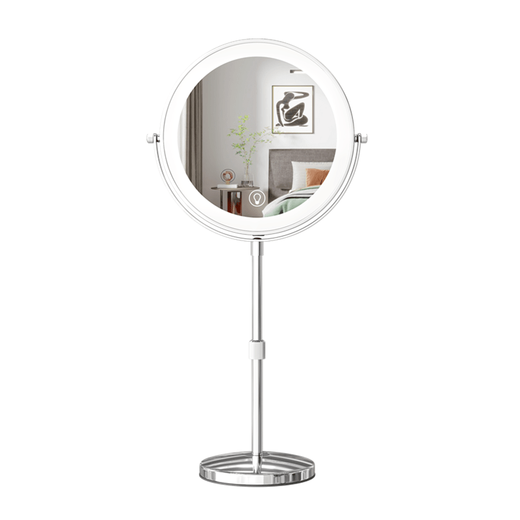 Large LED makeup mirror that can be raised and lowered. Telescopic double-sided illuminated mirror. Desktop magnifying mirror. Desktop beauty mirror can be adjusted in height. 10 inches. Silver. Can be raised and lowered. 5x magnification. Mirror diameter 25cm.