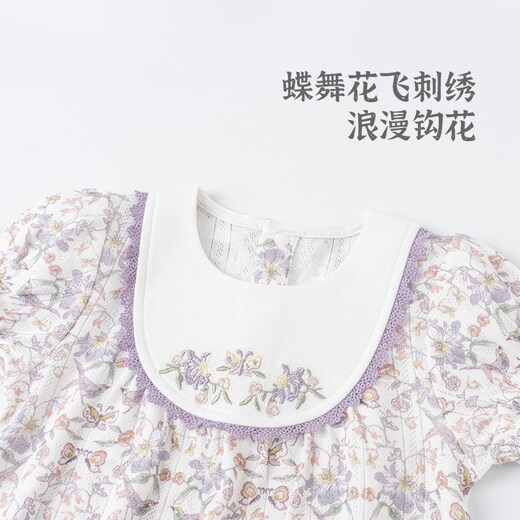 Wooden cotton baby girl short-sleeved jumpsuit summer thin baby cute floral princess style romper breathable national style off-white/diefeihualing 59cm