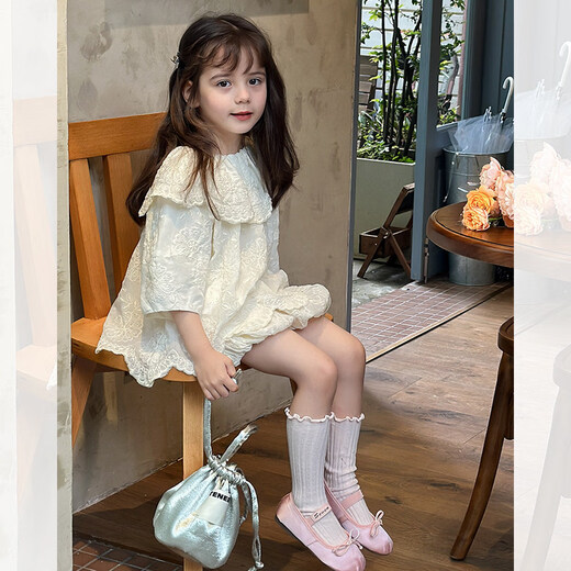 SEVEN BOBI No. 7 Children's Warehouse Girls' Korean Style Western Style Lapel Embroidered Jacquard Shirt Summer New Style Lace Trim Shorts Trendy Off-White Shirt Ready in Stock 120 cm