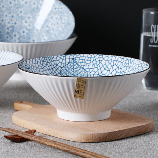 Yongfan German imported quality 4-pack Japanese-style bamboo hat bowls for home use ceramic underglaze colored noodle bowls creative personality Internet celebrity bubble 8-inch Yamada bamboo hat noodle bowls 4-pack - mixed color