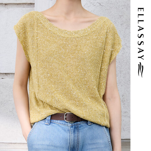ELLASSAY Linen Sequin Yarn 2026 Summer New Casual Commuting Low Round Neck Sweater Women EWE372M01800 Indus Yellow XS