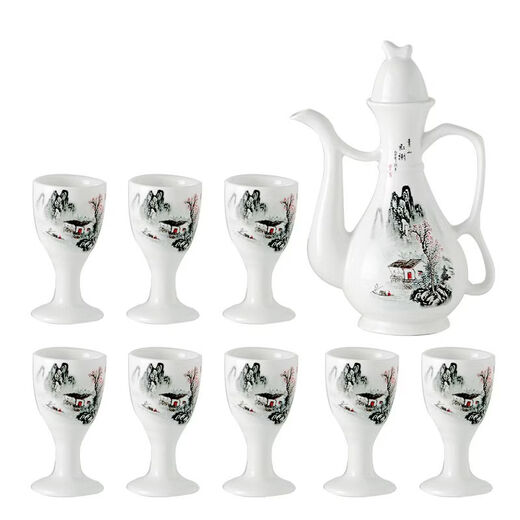 Fantasy goblet ceramic wine set wine pot wine glass wine cup household Chinese antique wine set wine pot ancient old-fashioned Li Bai Dou wine 9-piece set straight cup