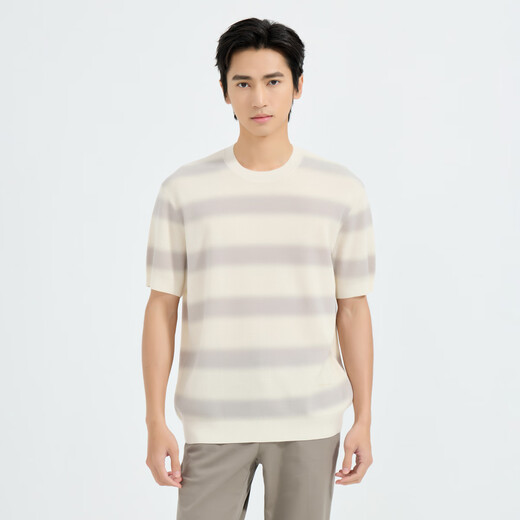 Lilang Light Fashion Men's Clothing Striped Intercolor T-shirt Men's Lightweight, Breathable, Skin-Friendly and Easy-Care Texture Short-Sleeved Sweater Beige (1H) M (165)