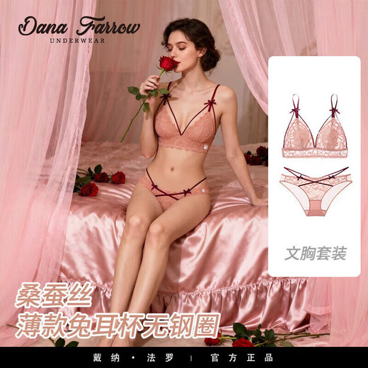 DANA FARROW Brand 2026 New French Underwear Women's Thin Sexy Lace Bra Set Rabbit Ear Cup Wireless Women's Vanilla Apricot Cream Set S Suitable for 70ABC One Size