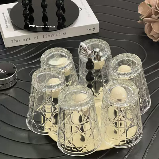 Yusenyi Bow Rotating Glass Cup Holder Water Cup Set Home High Temperature Resistant 2023 New Light Luxury Transparent Juice Cup 6 Cups with Rotating Cup Holder Cream Silver