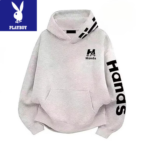Playboy (PLAYBOY) sweatshirt for men and women, American high street retro hooded embroidery heavyweight autumn and winter new lazy high-end handsome jacket for men, white and gray with red, no velvet, embroidery S recommended 80-95Jin Jin is equal to 0.5 kg
