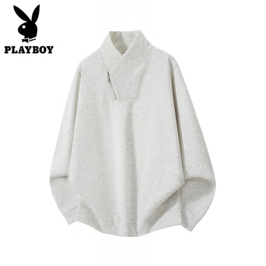 Playboy (PLAYBOY) American diagonal zipper sweatshirt men's spring and autumn velvet design long-sleeved T-shirt heavyweight thickened warm inner top dark gray M