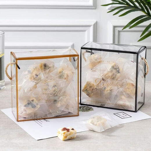 Fantasy transparent snowflake cake gift box hand bag large transparent baking biscuit packaging box plus hard New Year gift box large fully transparent hand gift box + Happy New Year sticker Can hold about 1Jin Jin is equal to 0.5kg 500 sets Loss momentum base price