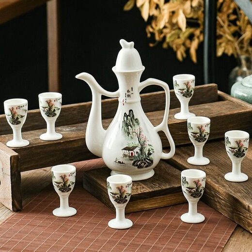 Fantasy goblet ceramic wine set wine pot wine glass wine cup household Chinese antique wine set wine pot ancient old-fashioned Li Bai Dou wine 9-piece set straight cup