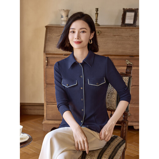 MORELINE Mulan French Elegant Textured Shirt Women's 2026 Spring New Retro Small Lapel Age-Reducing Whitening Shirt Navy M