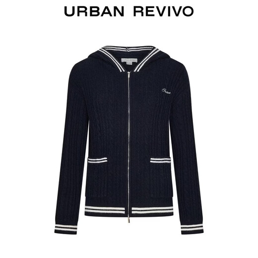 UR2026 Spring New Women's Urban Contrast Color Stripe Embroidery Hooded Knitted Cardigan UYU960044 Navy Blue XS