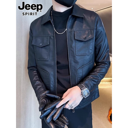 JEEP SPIRIT high-end sheepskin men's genuine leather jacket spring, autumn and winter new Haining motorcycle leather jacket men's jacket men 9878 black style plus velvet M 100-115Jin Jin is equal to 0.5 kg