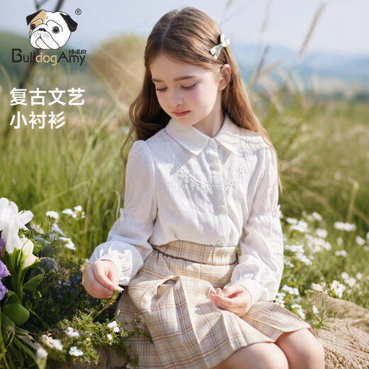 CHANZUIGOU children's clothing girls retro literary cotton shirt 2026 spring new style western style jacquard lantern embroidery top white 130 cm