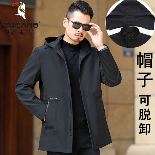 Woodpecker (TUCANO) middle-aged men's mid-length hooded windbreaker, middle-aged and elderly dad's spring and autumn coat, mature and stable casual jacket for men, black <long version> hooded M 170