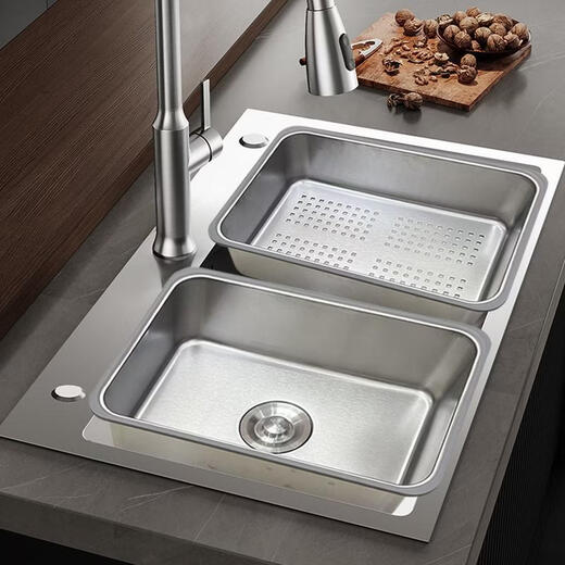 Pupan Kitchen Stainless Steel Deep Basin Middle Basin Sink Large Single Slot Drain Basket Washing Pool Dish Shelf Rack Filter Basin Set Model 304 Brushed Silver Basin Middle Basin 355x250 Inner Diameter 318x2