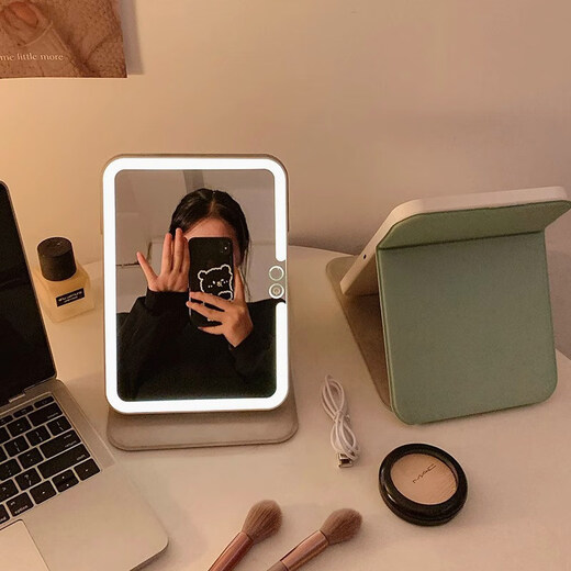 MOLA.Boat. LED make-up mirror with light, home desktop, make-up light, small mirror, portable | Weizhou beige small make-up mirror