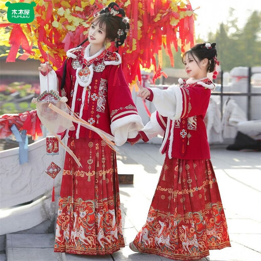 Wooden wooden house original winter style parent-child clear-cut cloud shoulder red festive New Year's Hanfu for women with velvet and thickened heavy embroidery style red single-piece jacket for welcoming wealth 120