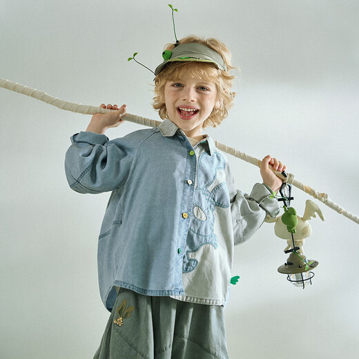 KIDS Three-Eyed Rabbit Denim Tencel Shirt Jacket 2026 Spring New Contrast Color Cartoon Patch Children's Shirt Denim Blue 160 cm